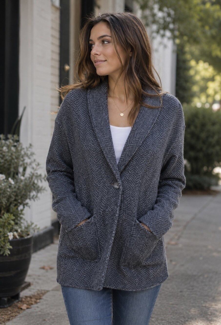 Madewell 100% Merino Wool Button Long Jacket Gray Herringbone Womens XS Pockets
